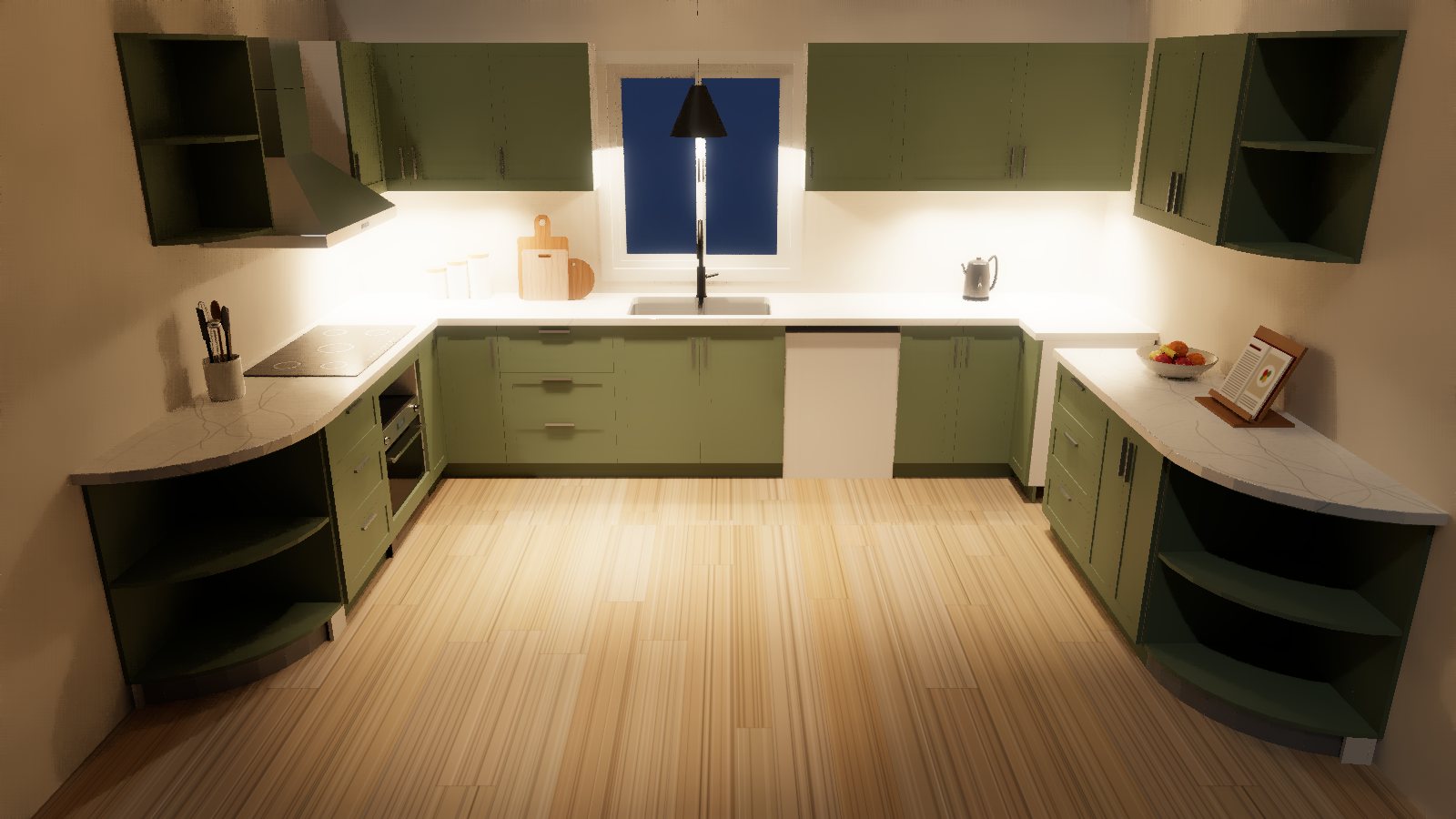 A U-shaped kitchen in sage shaker doors with rounded open ends and a curved stone top, rendered in the program
