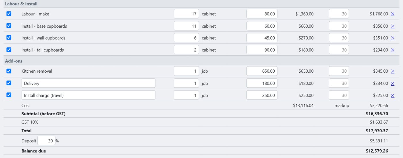 Install, add-ons, GST, deposit and balance due