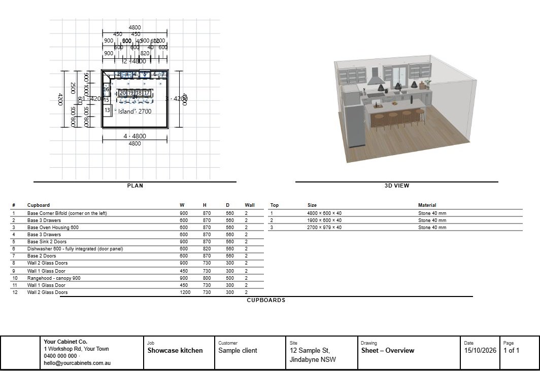 A multi-view print page: plan, 3D view and cupboard list on one page